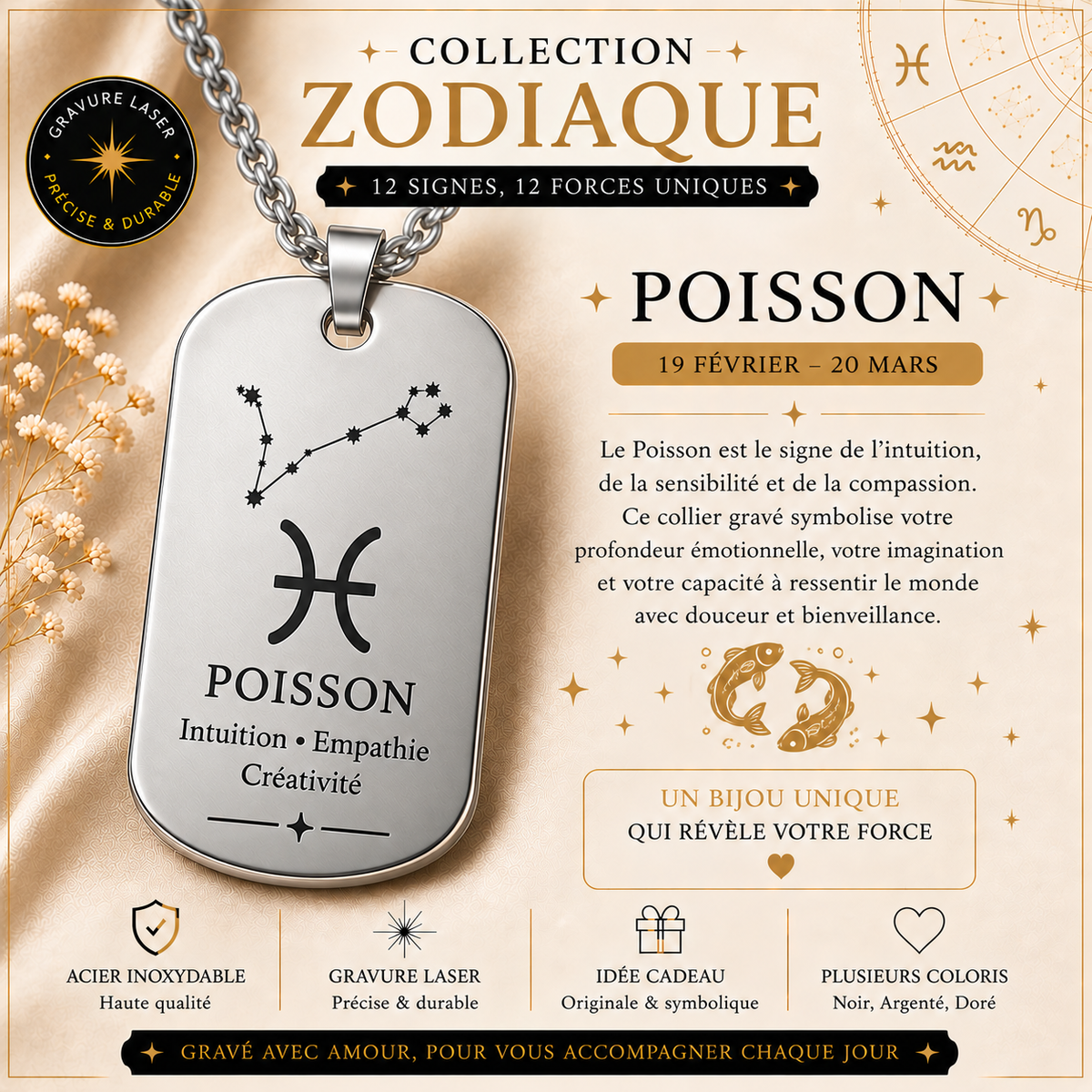 Collier argenté signe Poissons