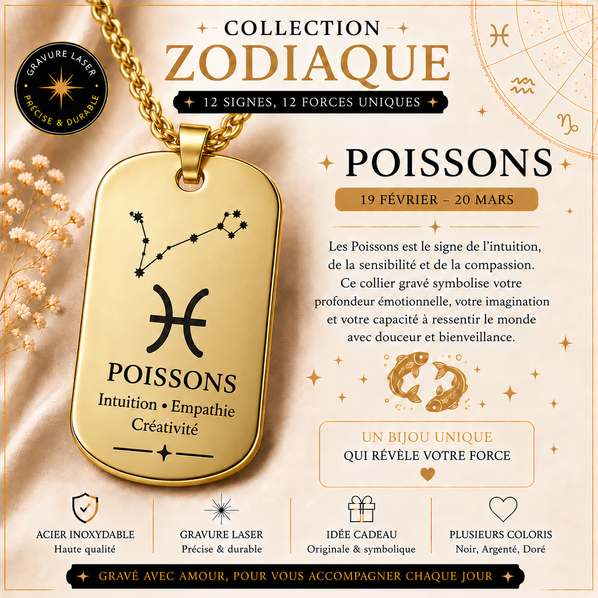 Collier doré signe Poissons