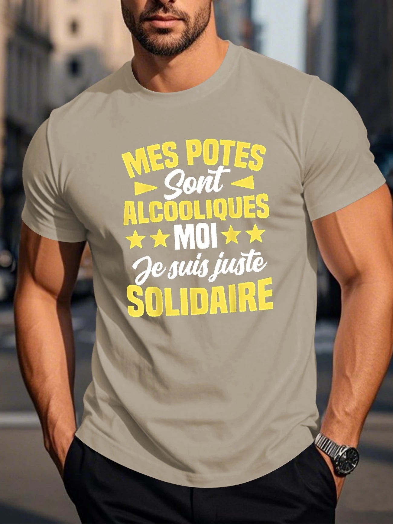 T-shirt Humour – "Mes potes sont alcooliques, moi je suis juste solidaire"