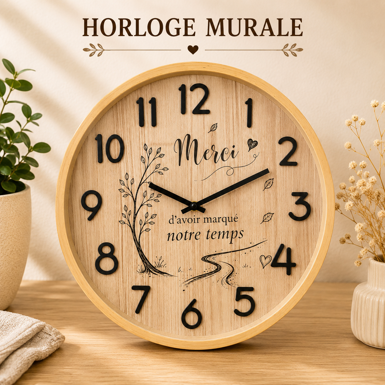 Horloge murale en bois « Merci d’avoir marqué notre temps »