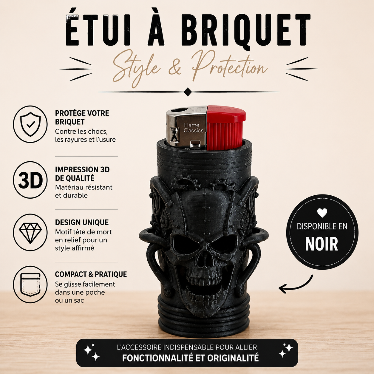 Étui de Briquet Original avec briquet – Impression 3D Crâne / tête de mort