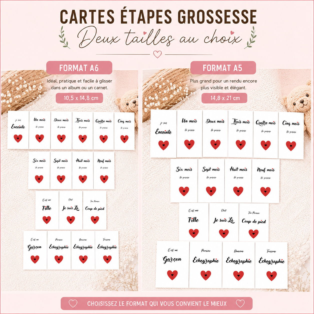 Cartes étapes grossesse -thème cœur