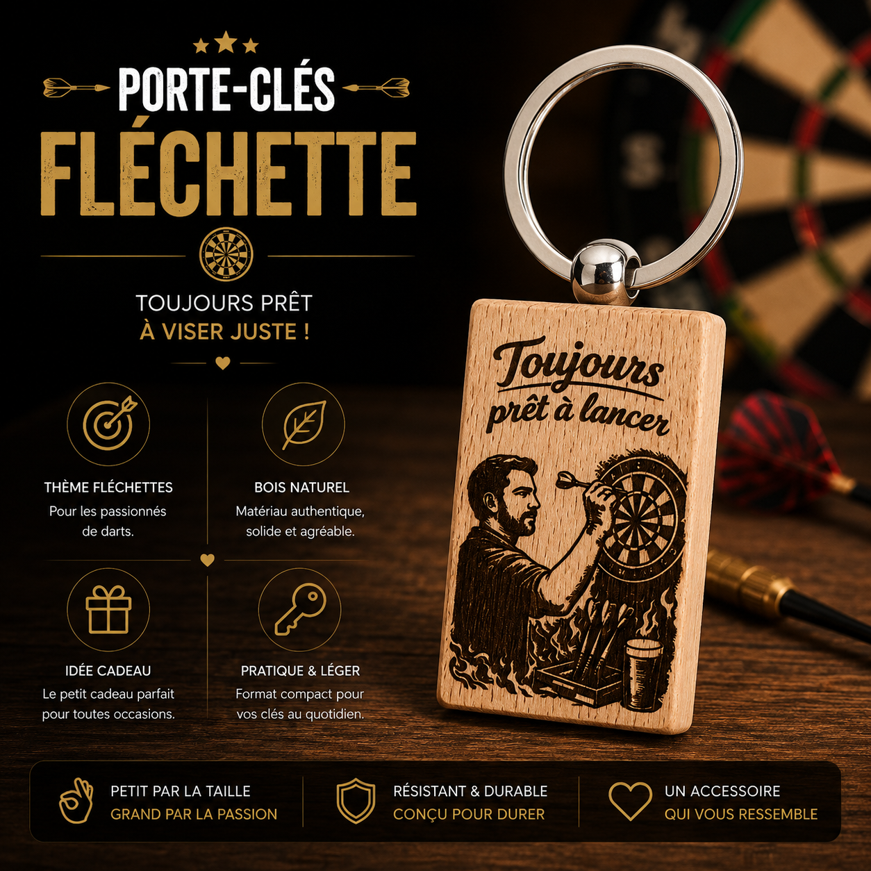 🎯 Engraved Wooden Keychain – Darts Theme