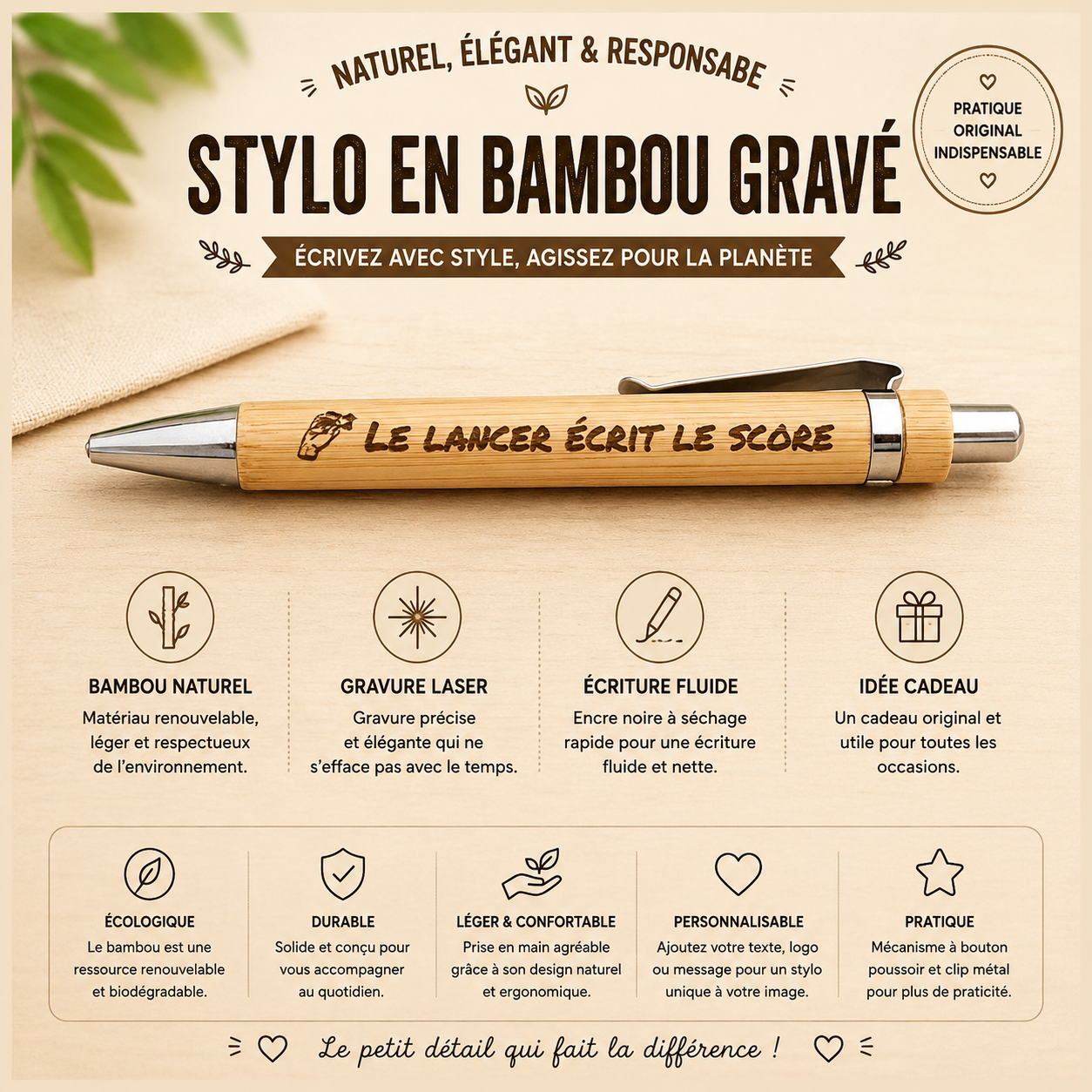 ✒️ Stylo en bambou gravé – Thème Fléchettes