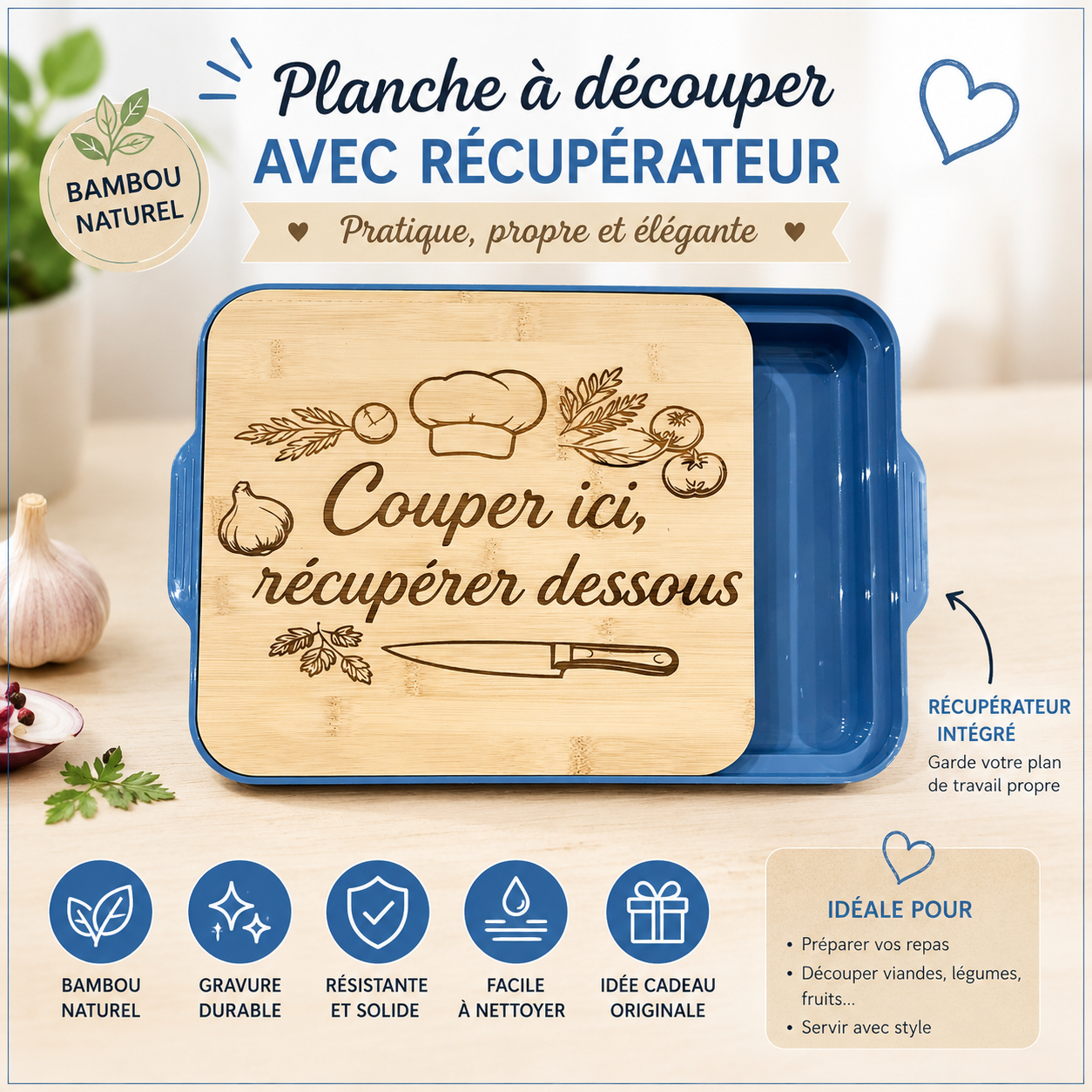 đ§âđł Planche Ă dĂ©couper en bambou avec rĂ©cupĂ©rateur â 27 Ă 24 cm