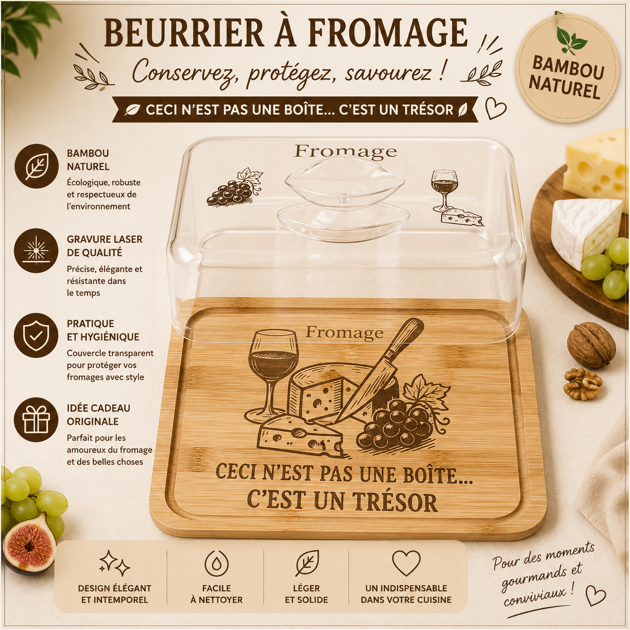 đ§ Cloche Ă Fromage en Bambou & Couvercle Transparent GravĂ©