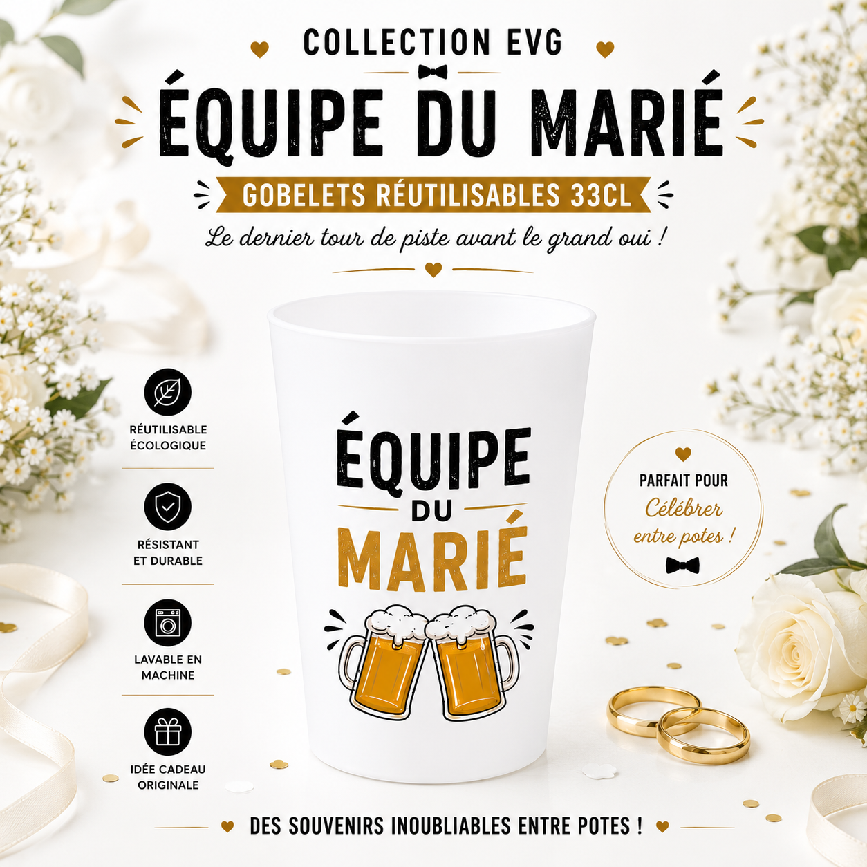 Gobelet EVG personnalisé – Équipe du Marié – 33 cl
