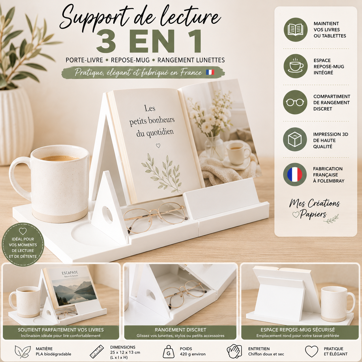 3-in-1 Multifunction Reading Stand - Book Holder, Mug Rest and Glasses Storage