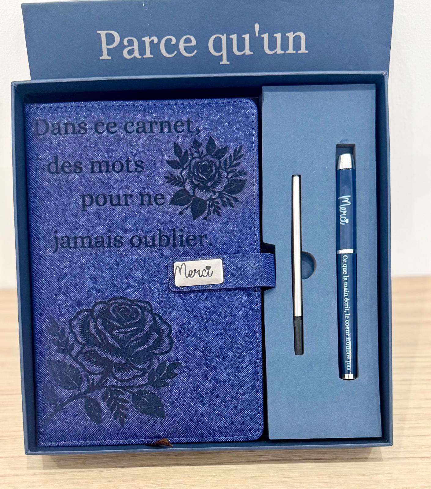 ✨ Coffret Cadeau "Merci" – Carnet & Stylo Gravés avec Boîte Message