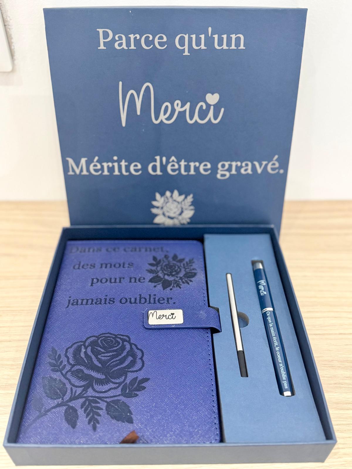 ✨ Coffret Cadeau "Merci" – Carnet & Stylo Gravés avec Boîte Message