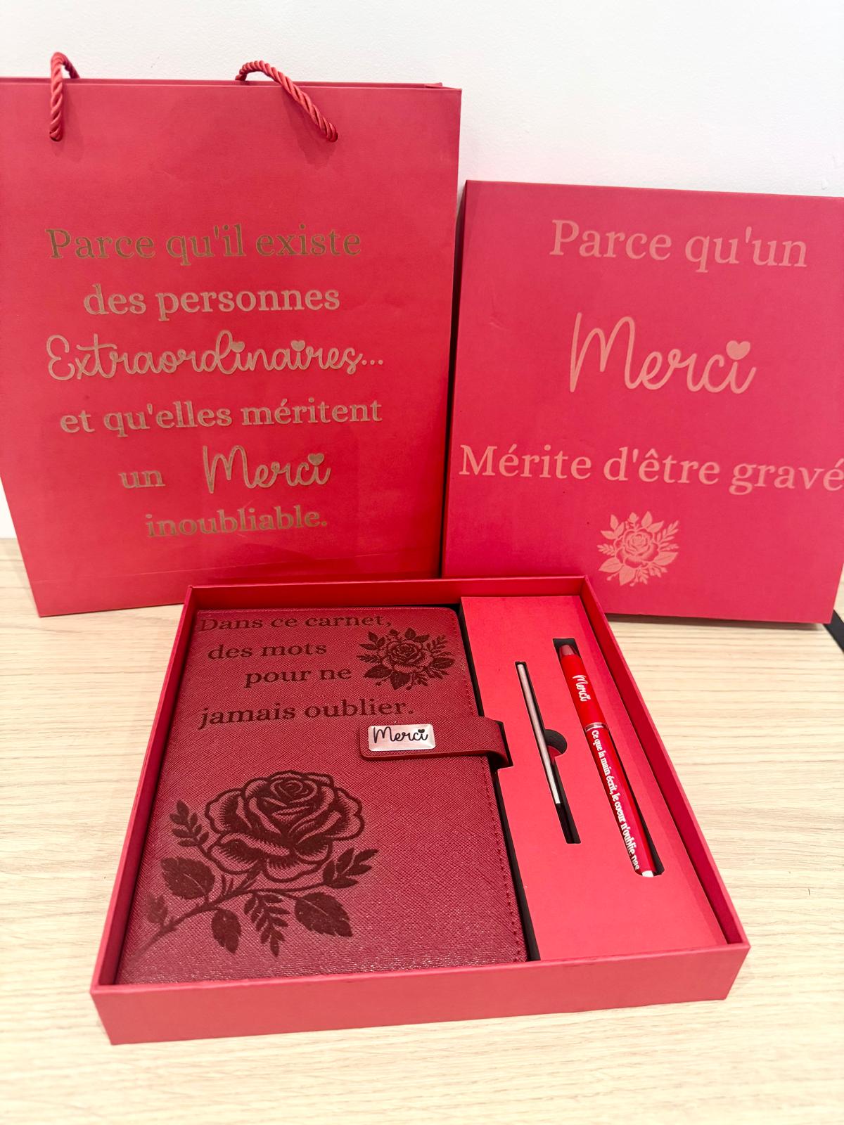 ✨ Coffret Cadeau "Merci" – Carnet & Stylo Gravés avec Boîte Message