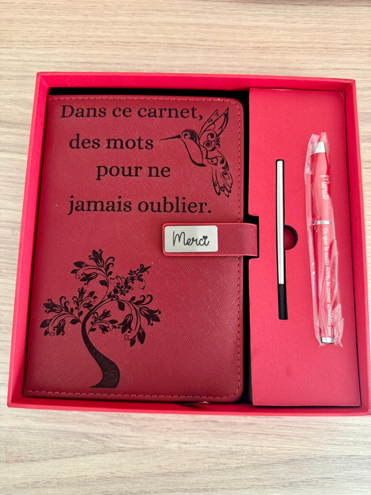 ✨ Coffret Cadeau "Merci" – Carnet & Stylo Gravés avec Boîte Message