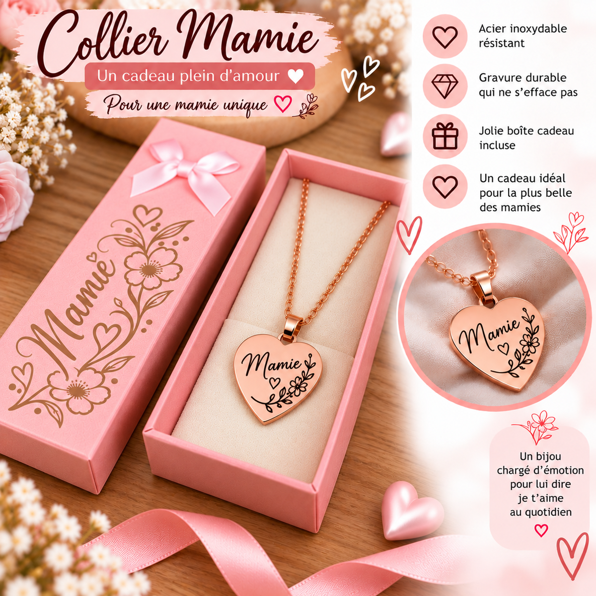 Collier Cœur Mamie doré – Acier inoxydable 316