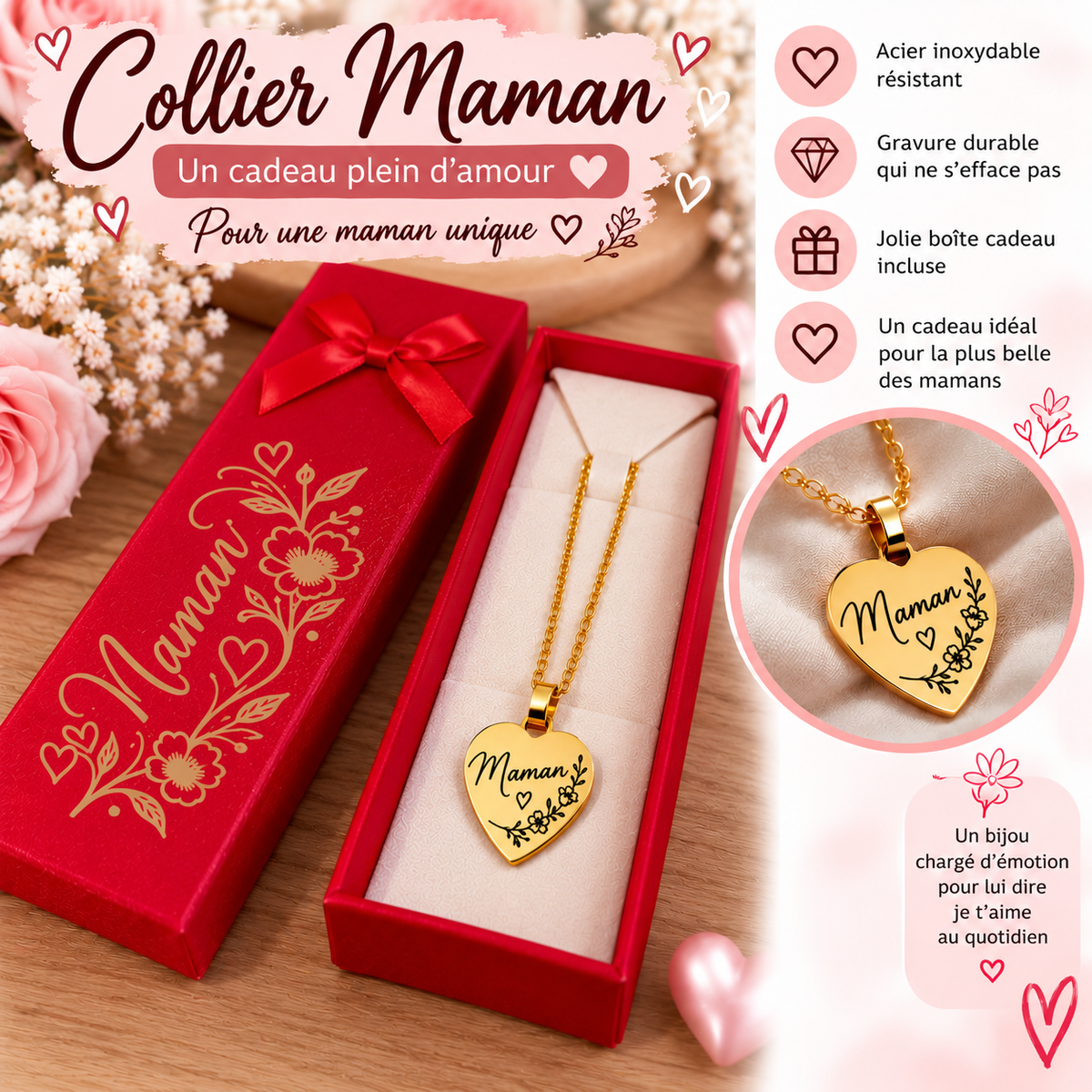 Collier cœur Maman – Acier inoxydable avec boîte cadeau