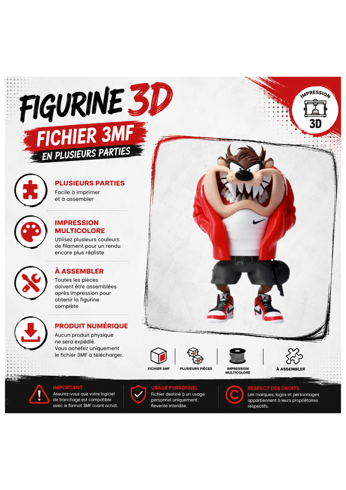 Figurine 3D Taz Streetwear – Fichier 3MF à imprimer