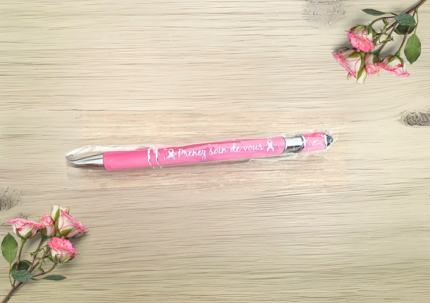 Stylo "Prenez soin de vous" – Ruban Rose gravure