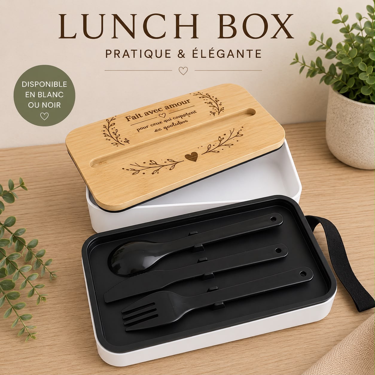 Lunch Box 2 étages personnalisable – 800 ml – Blanc ou Noir fais avec amour