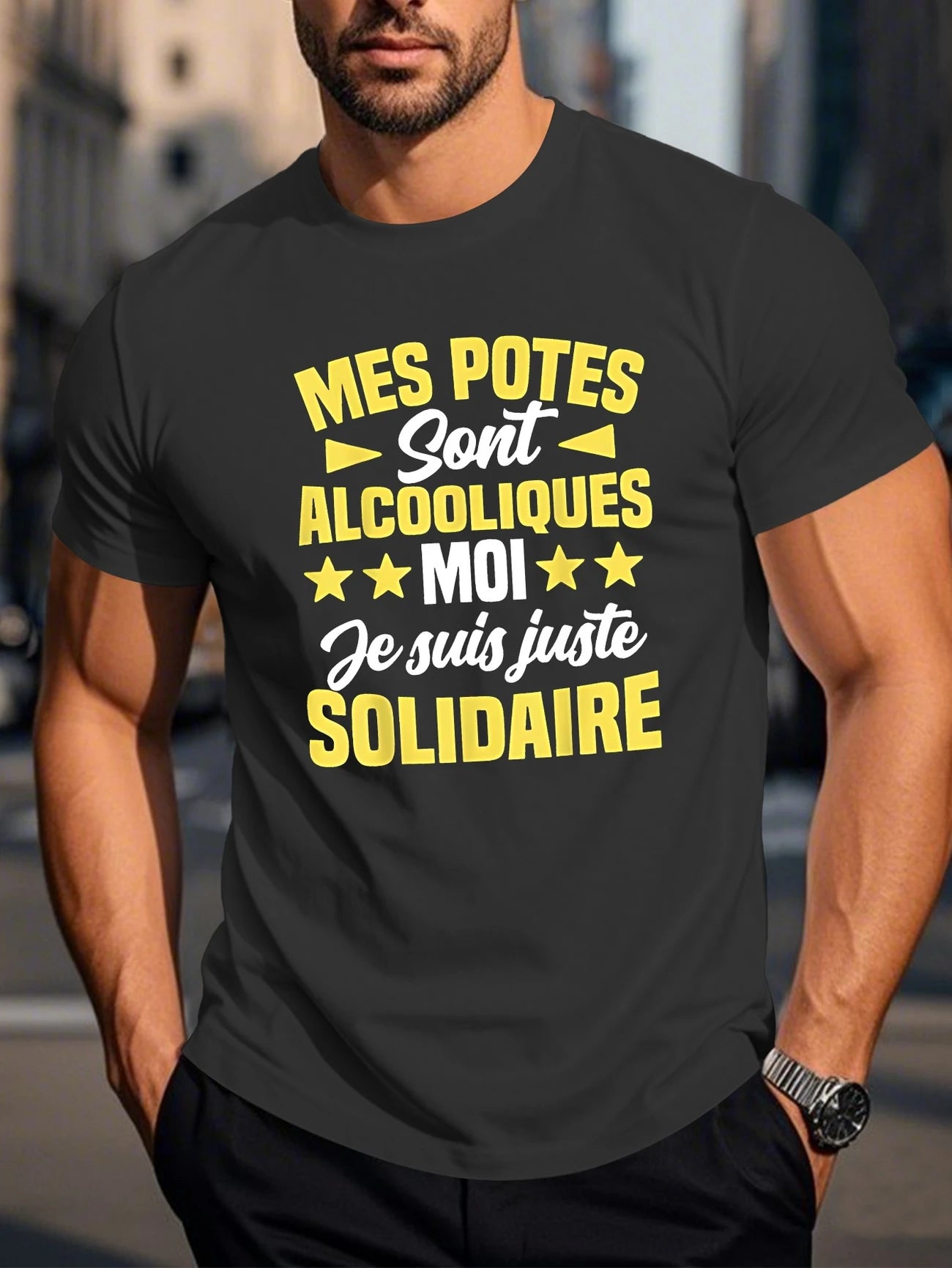 T-shirt Humour – "Mes potes sont alcooliques, moi je suis juste solidaire"