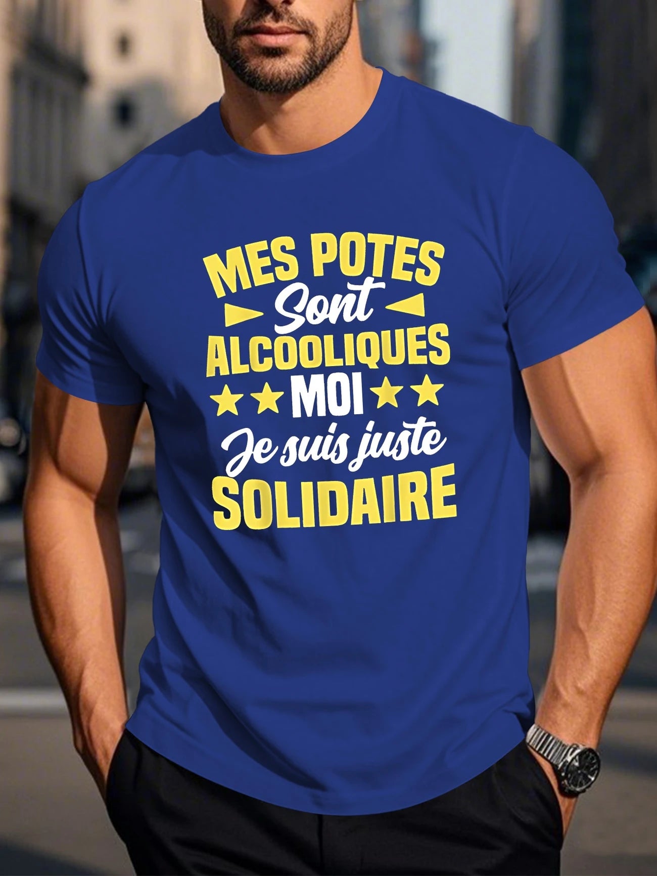 T-shirt Humour – "Mes potes sont alcooliques, moi je suis juste solidaire"