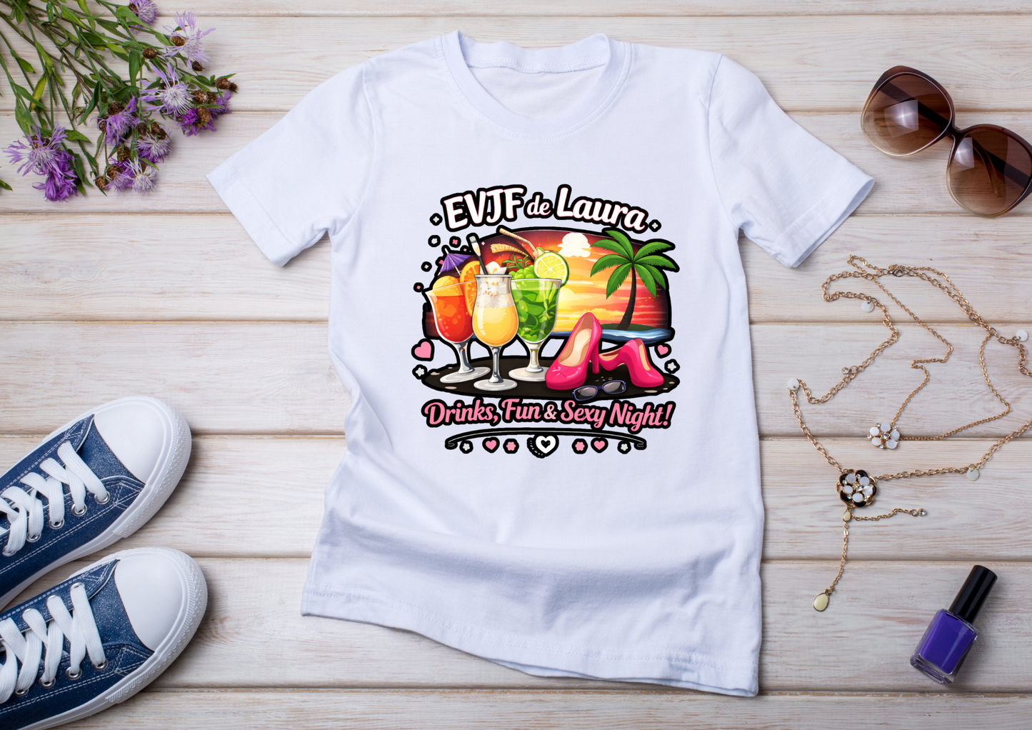 🌴 T-shirt EVJF Personnalisé – Drinks, Fun & Sexy Night