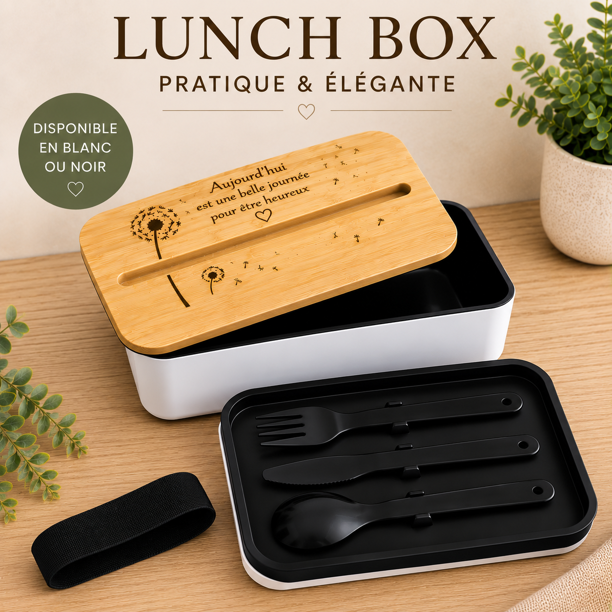 Lunch Box 2 étages personnalisable – 800 ml – Blanc ou Noir pissenlit