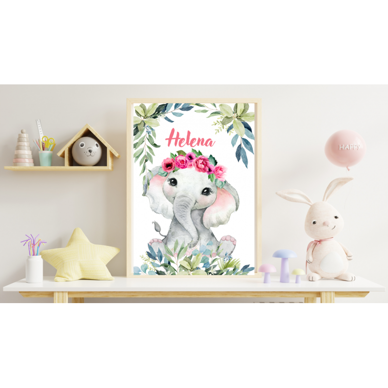 Affiche éléphant fille avec prénom personnalisé