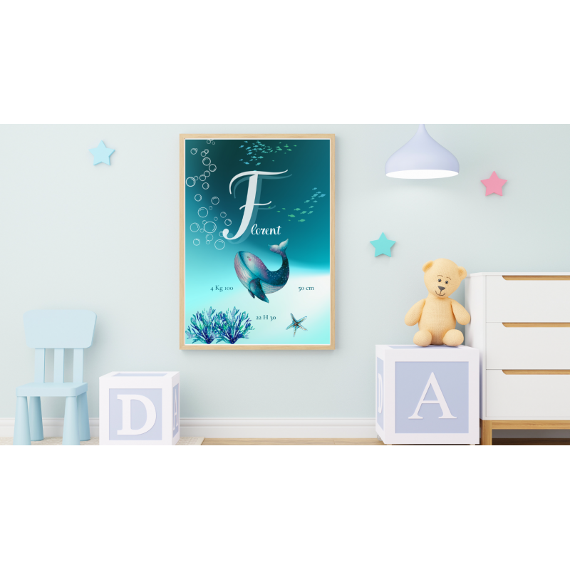 Naissance affiche avec lettre et prenoms personnalisés marin