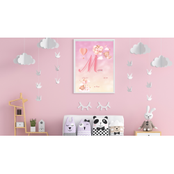 Naissance affiche avec lettre et prénoms personnalisés fille ourson