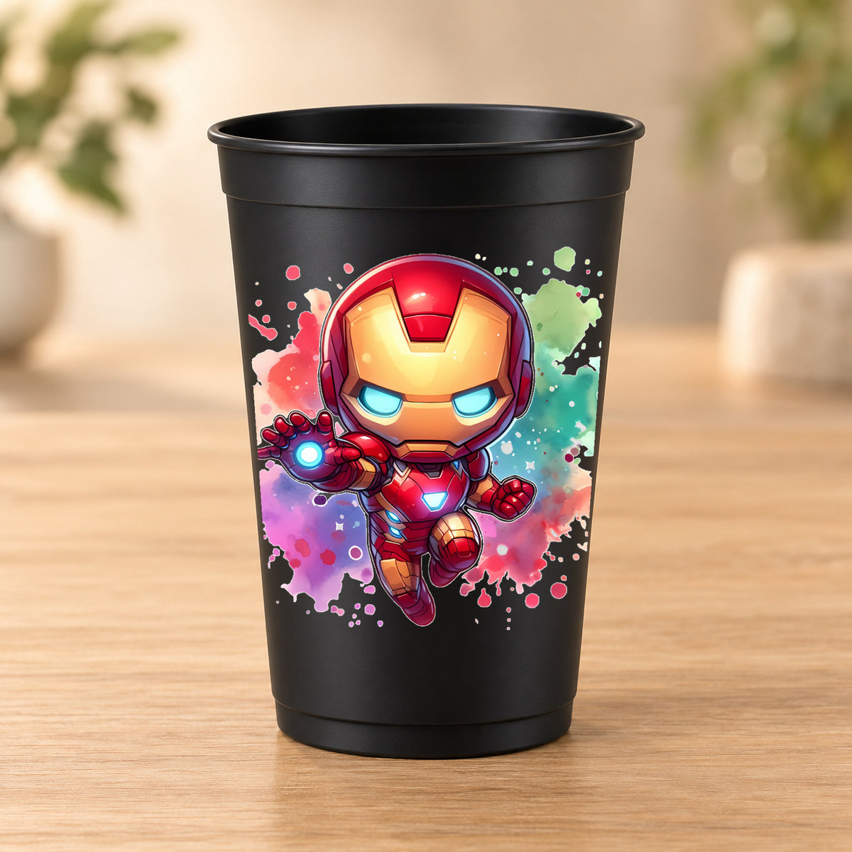 Gobelet noir Iron Man - Chibi kawaii splash coloré