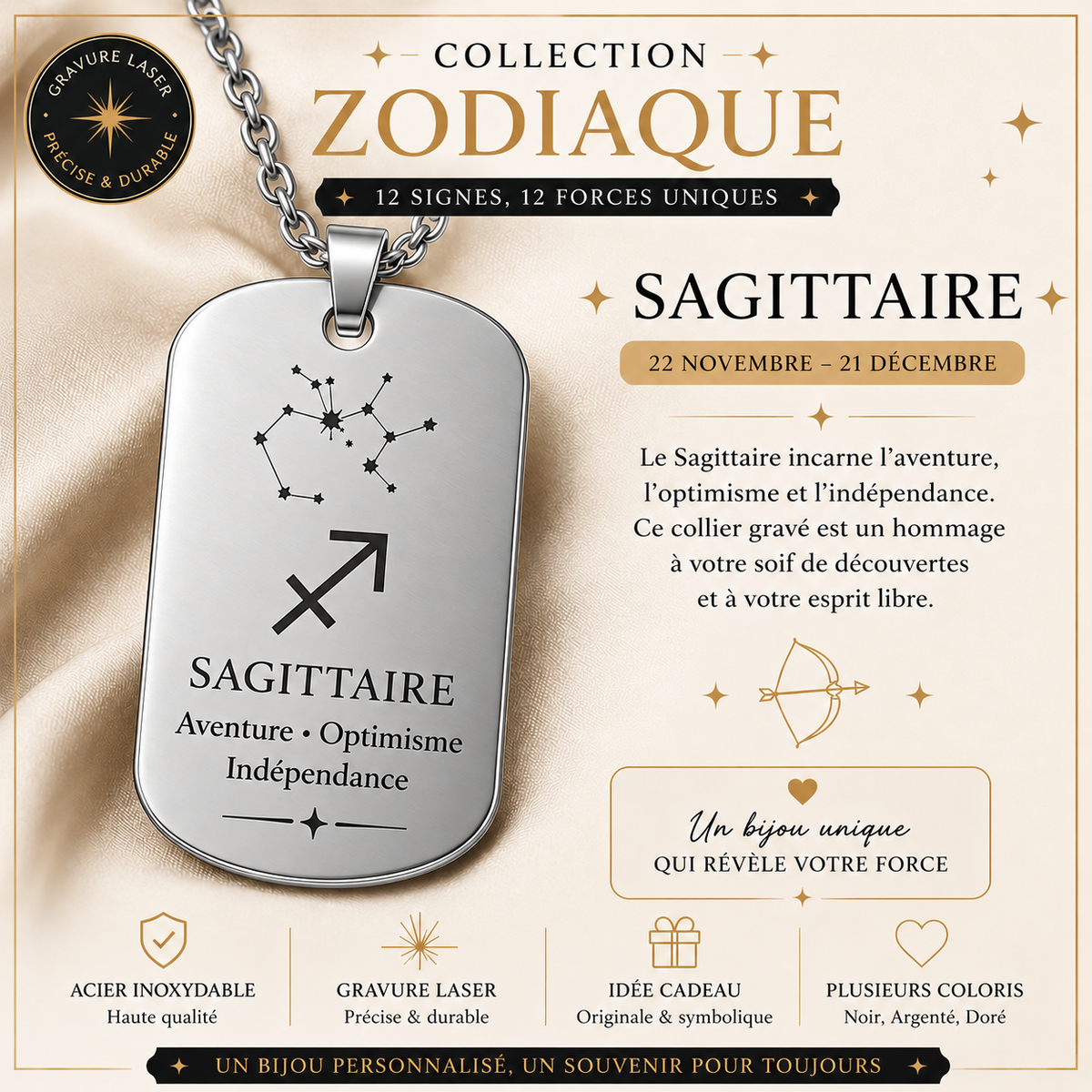 Collier argenté signe Sagittaire