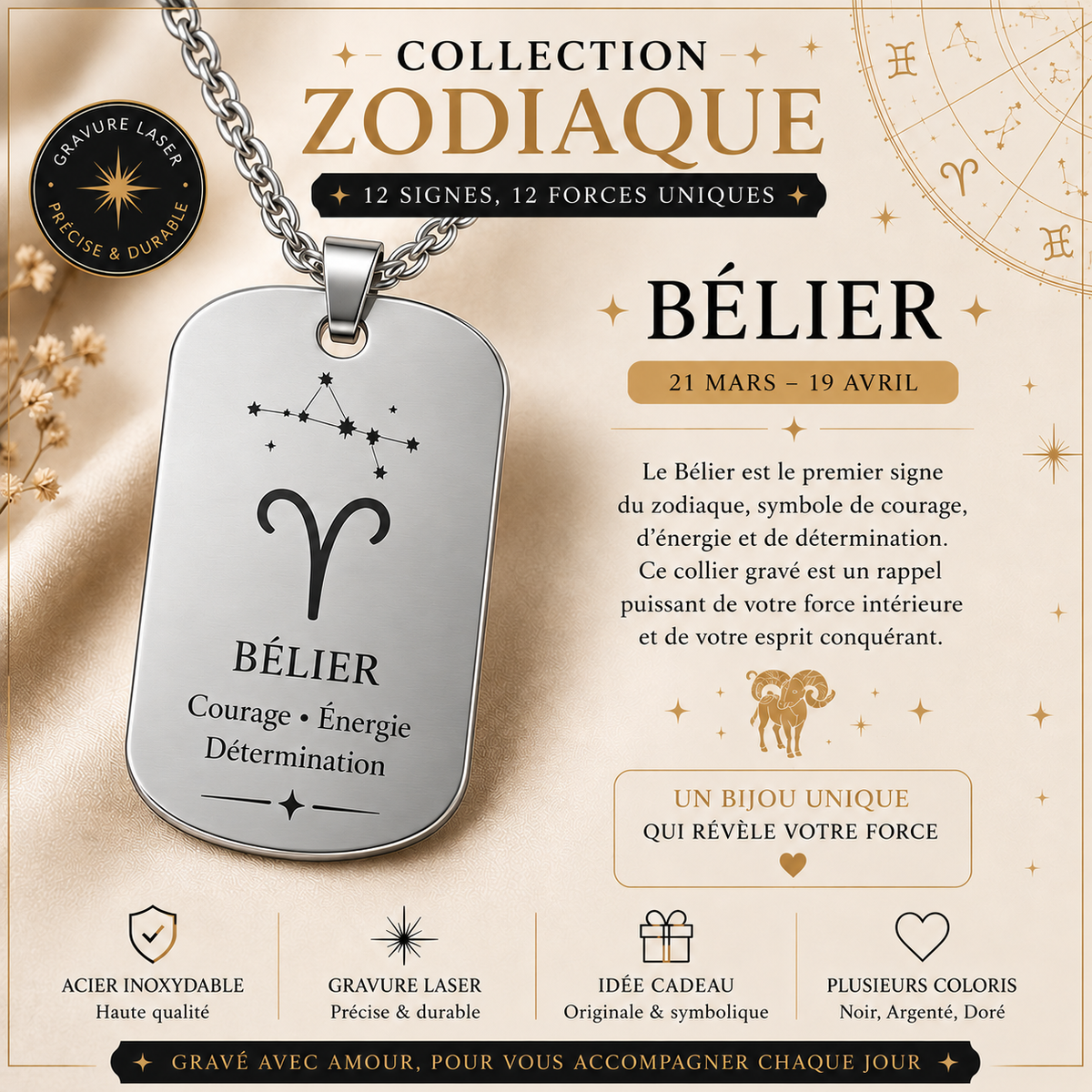 Collier argenté signe Bélier