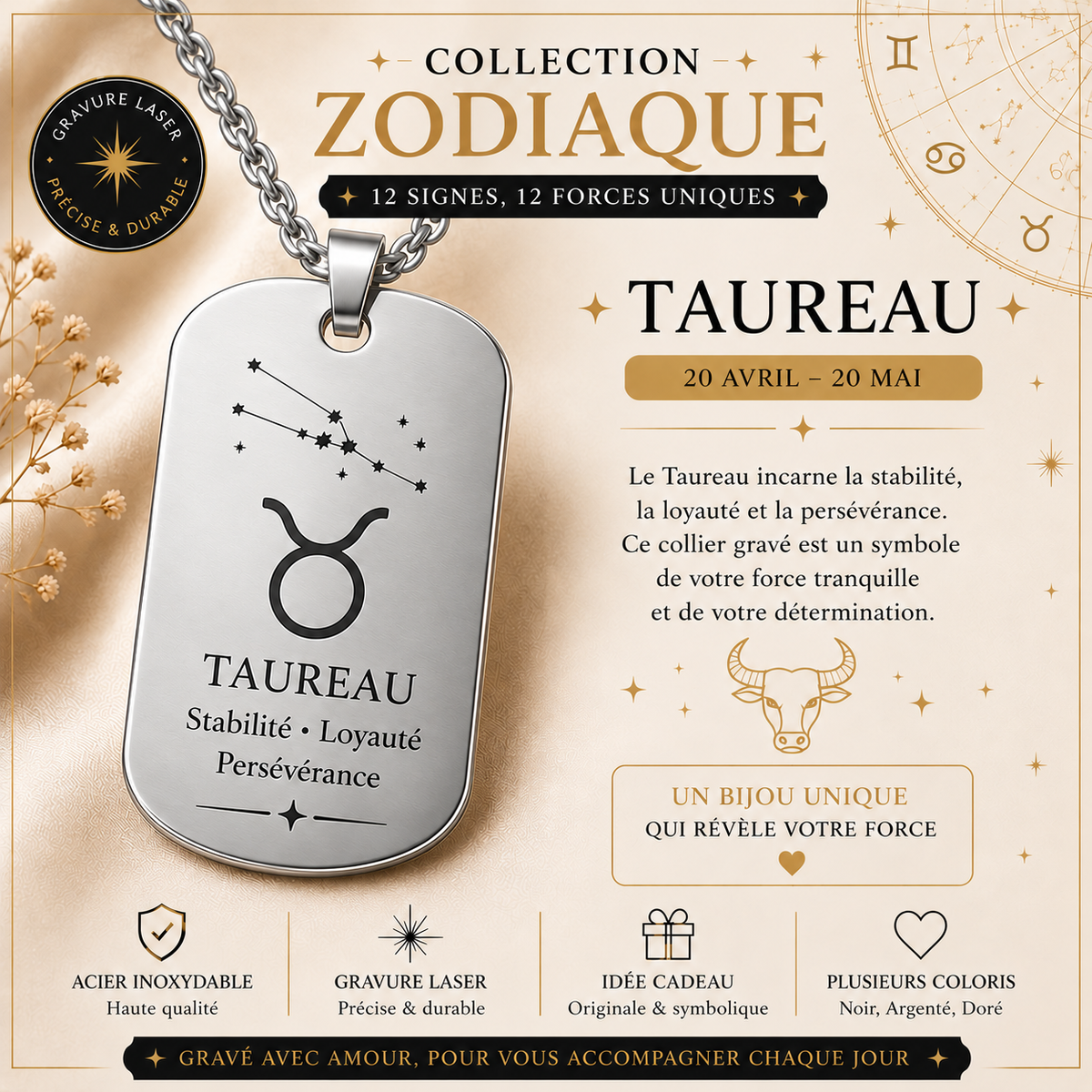 Collier argenté signe Taureau