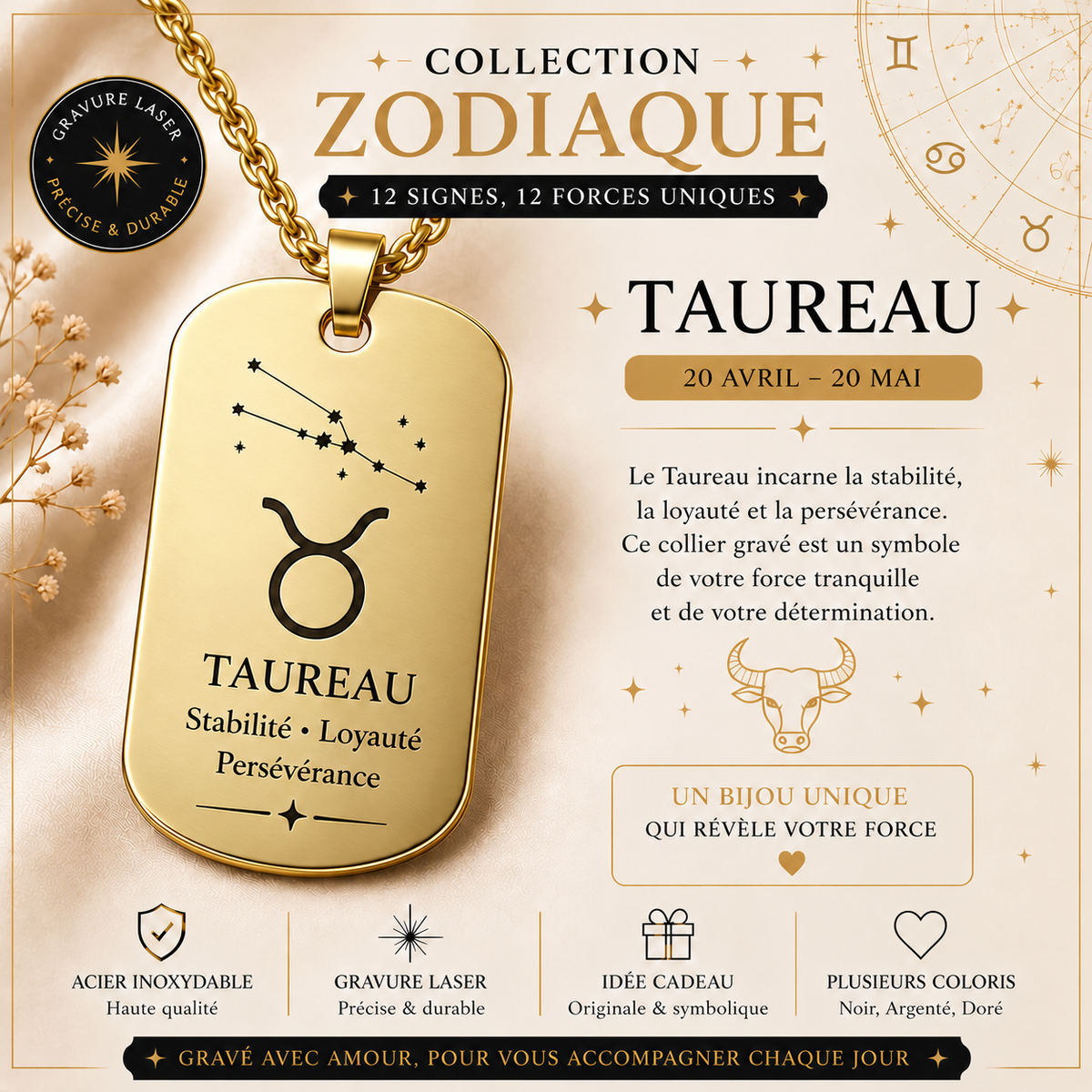 Collier doré signe Taureau