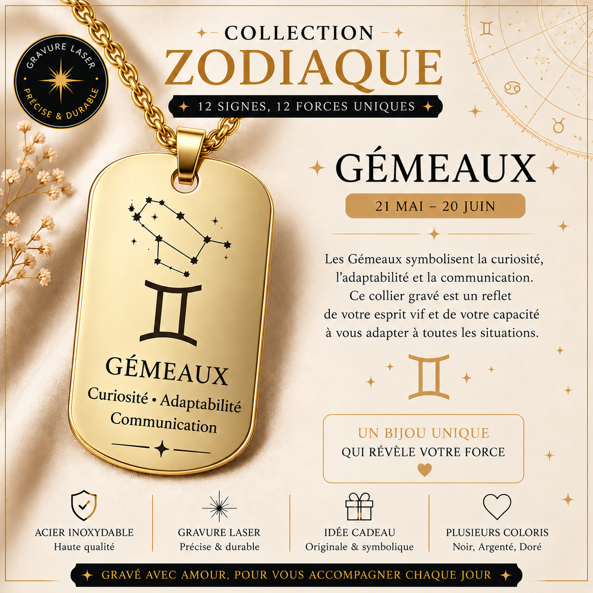 Collier doré signe Gémeaux