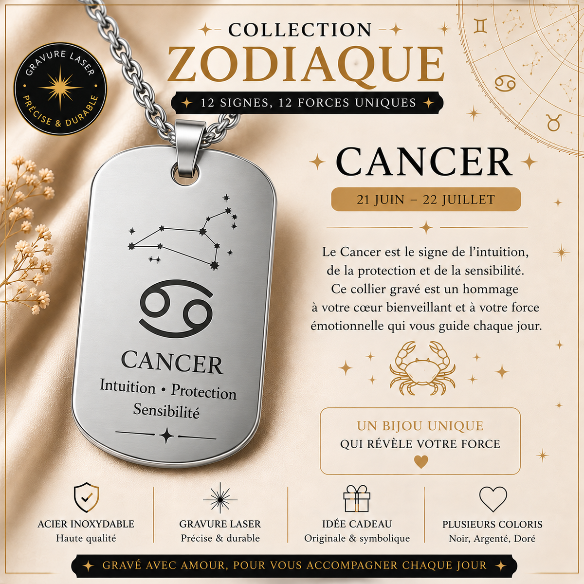 Collier argenté signe Cancer