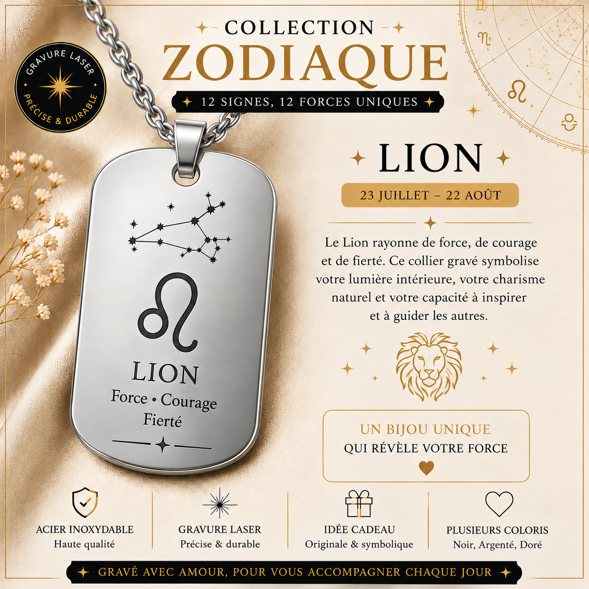 Collier argenté signe Lion