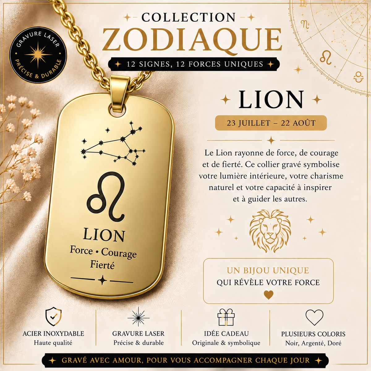 Collier doré signe Lion