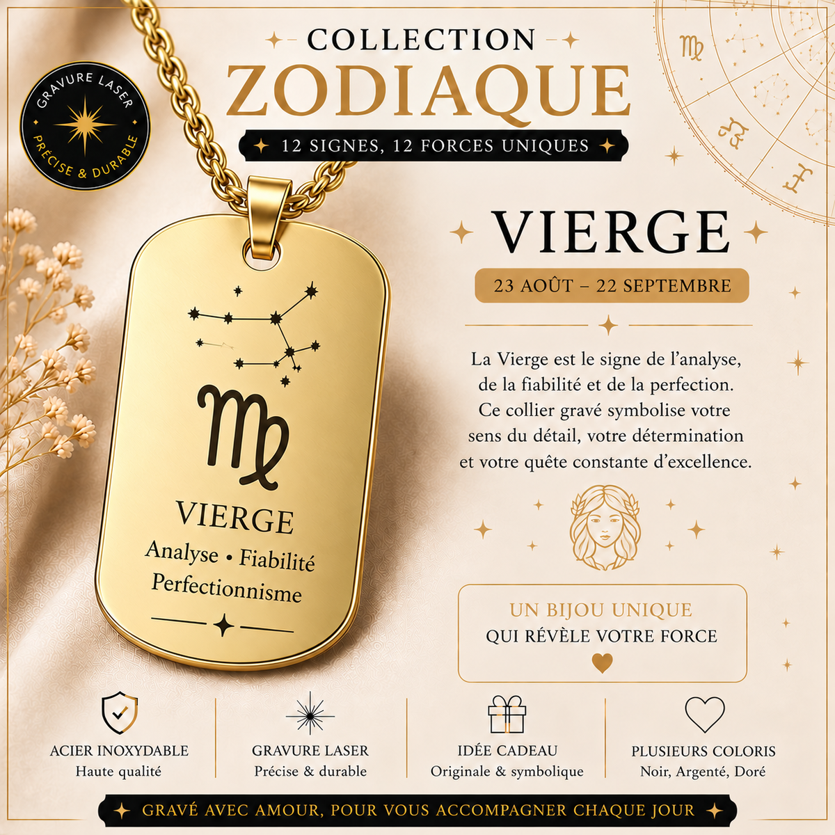 Collier doré signe Vierge