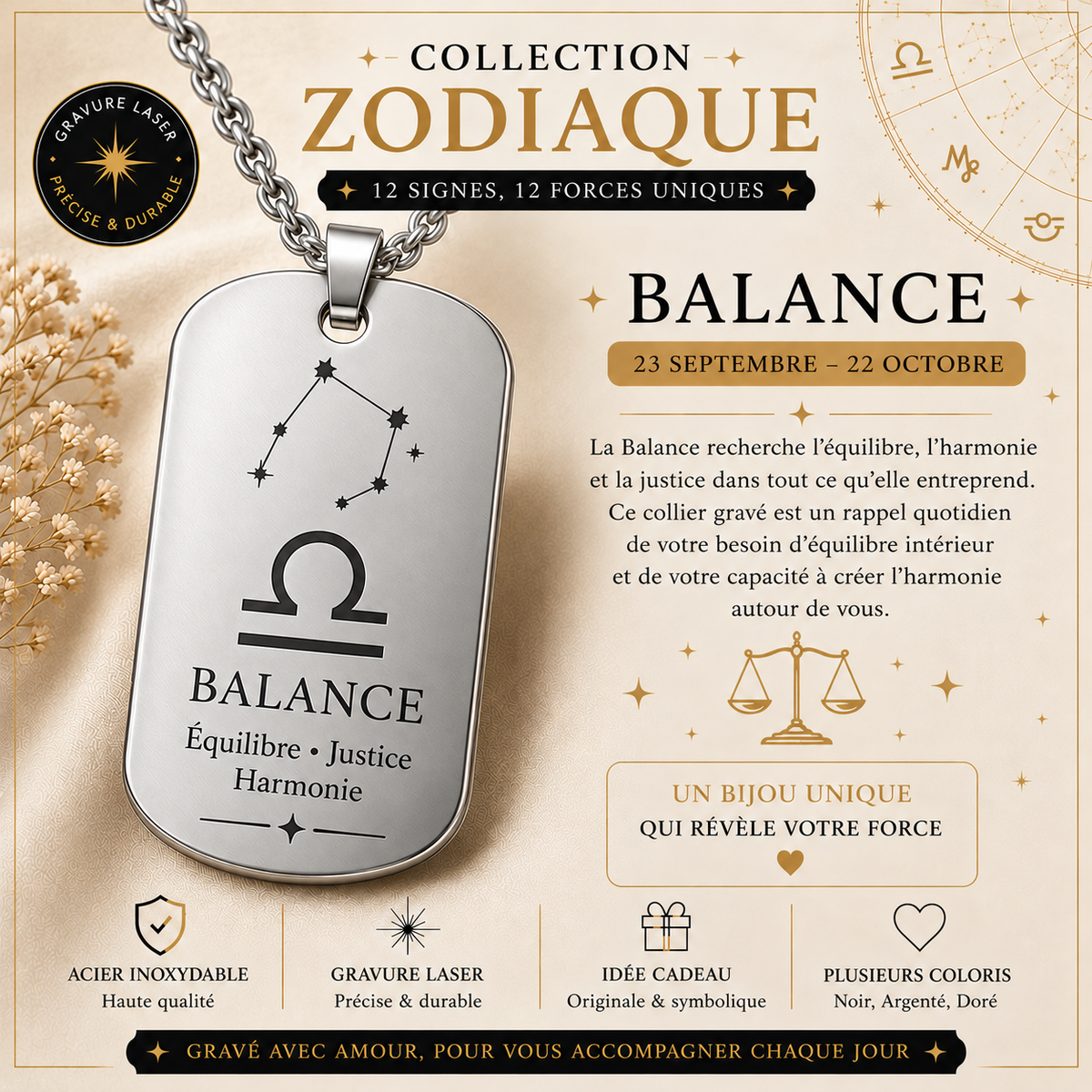 Collier argenté signe Balance