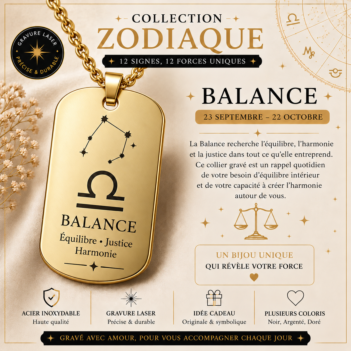 Collier doré signe Balance