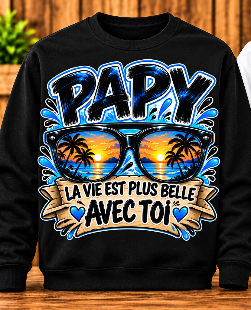 Sweat Papy – La vie est plus belle avec toi, coucher de soleil – Noir