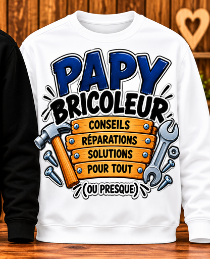 Sweat Papy bricoleur – Conseils, réparations et solutions – Blanc