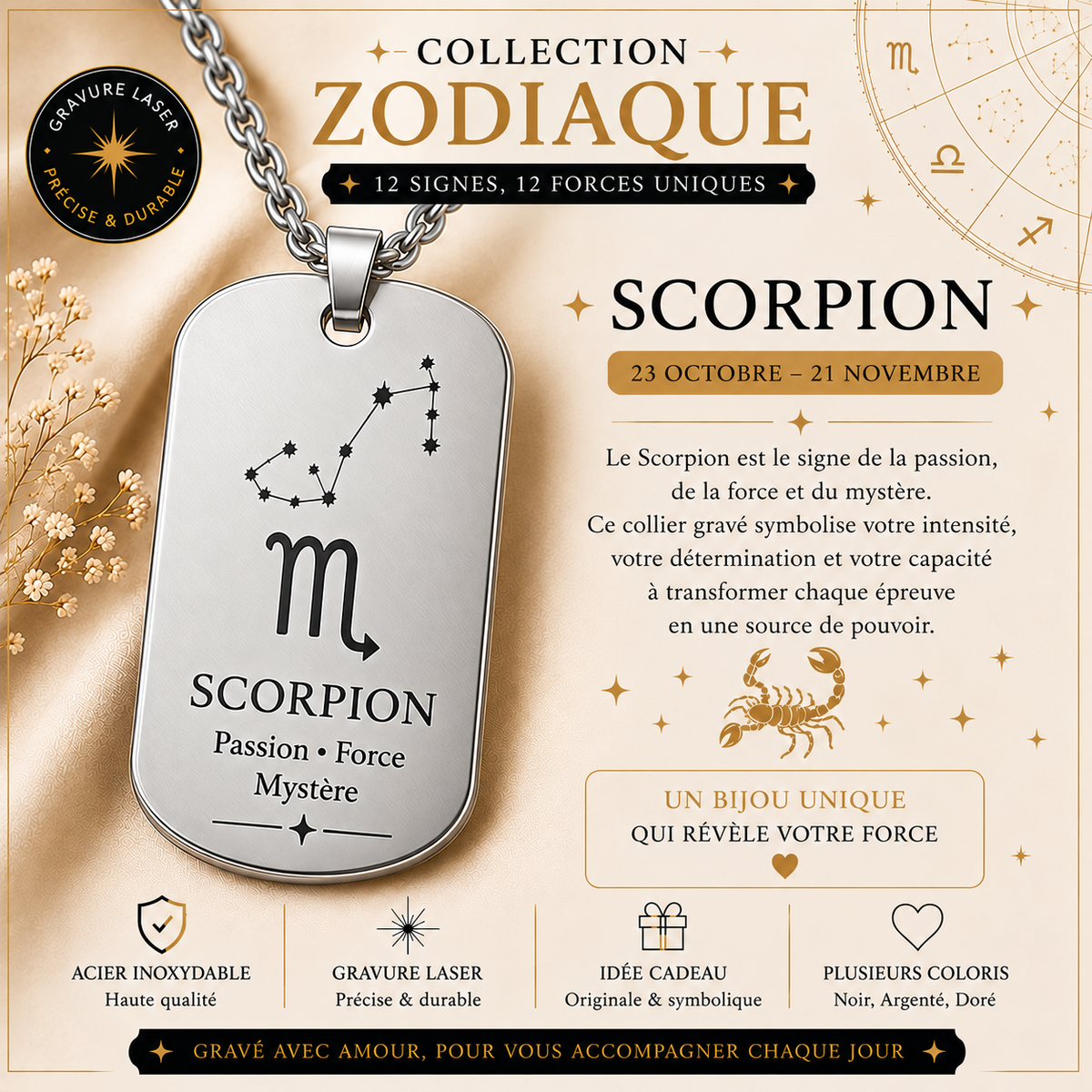 Collier argenté signe Scorpion