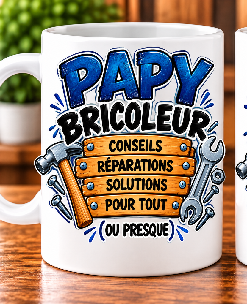 Mug Papy bricoleur – Conseils, réparations et solutions – Blanc