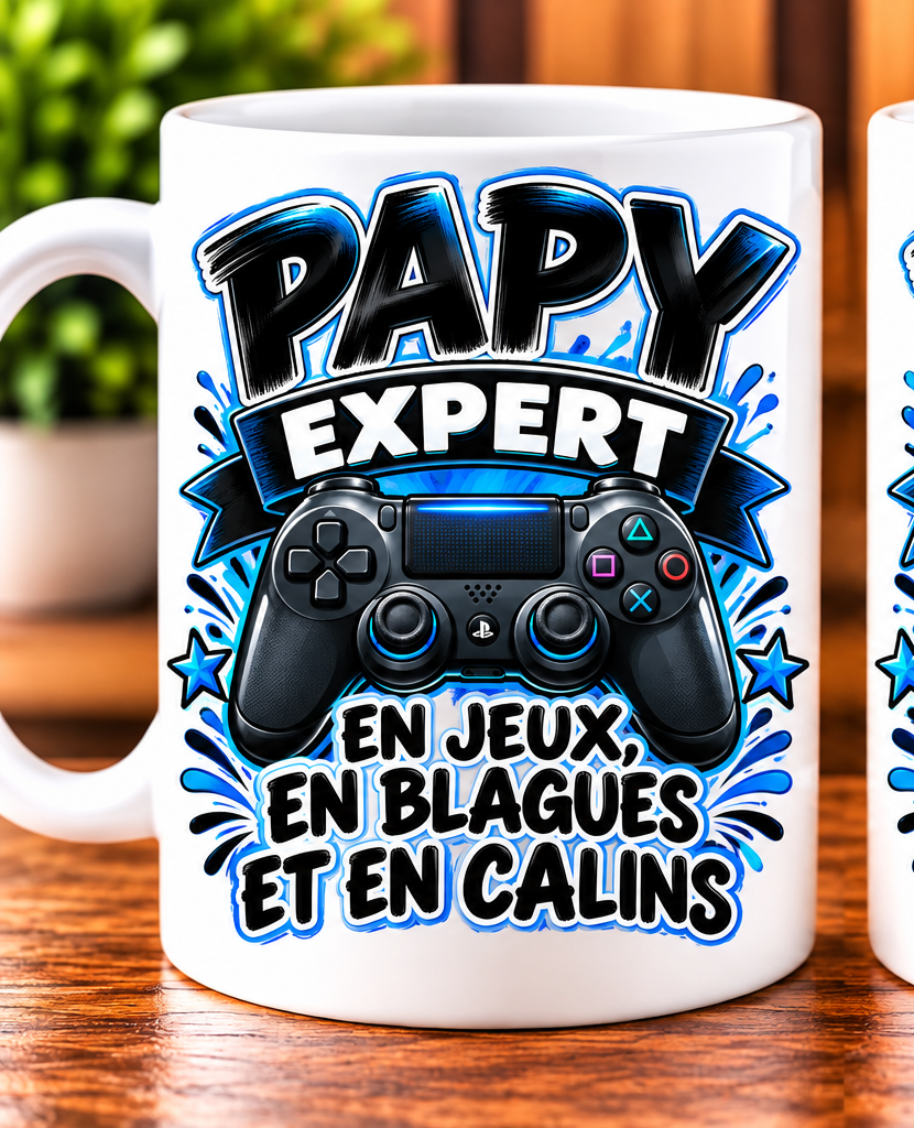 Mug Papy expert – En jeux, en blagues et en câlins – Blanc