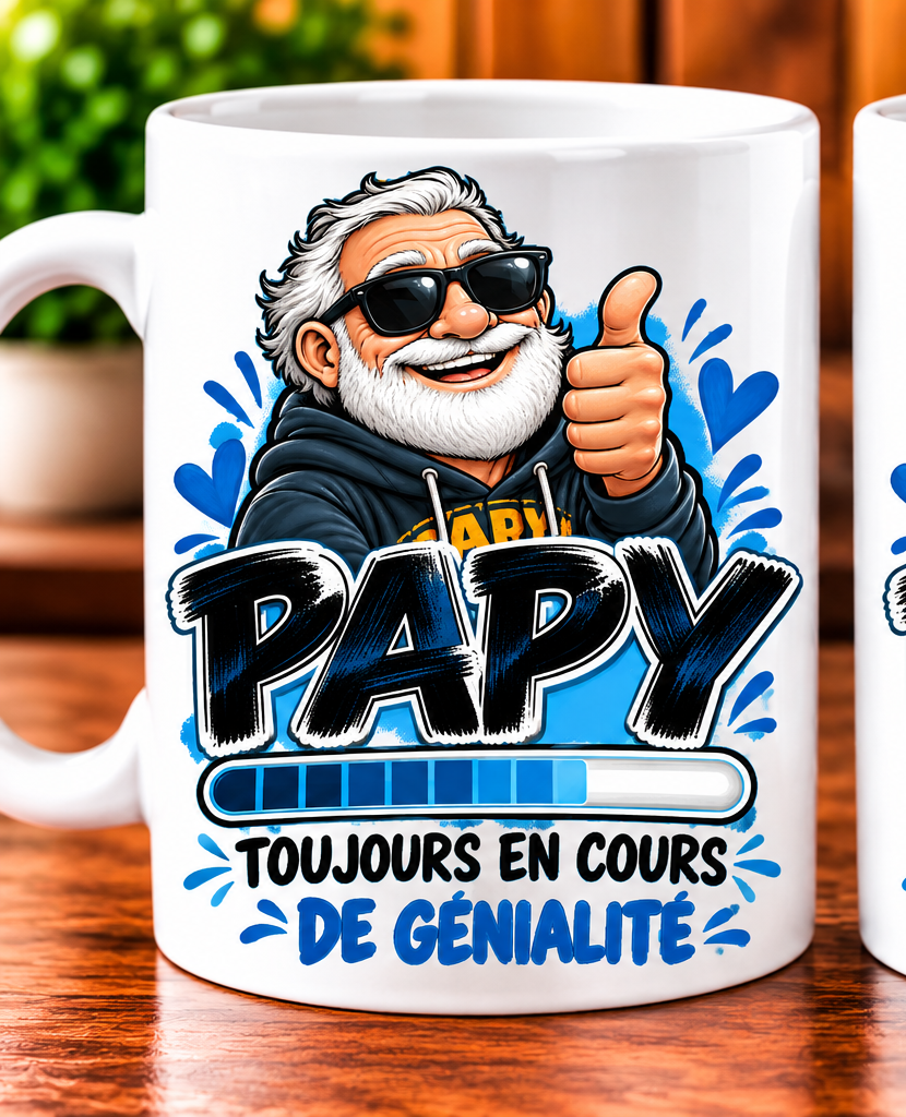 Mug Papy – Toujours en cours de génialité – Blanc