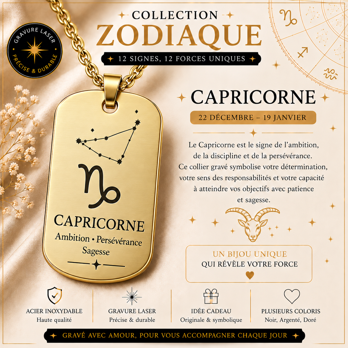 Collier doré signe Capricorne