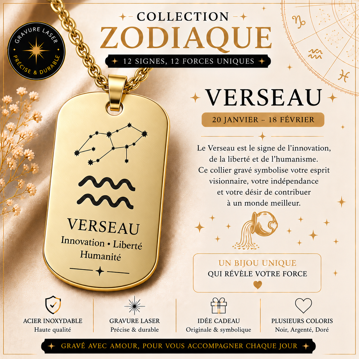 Collier doré signe Verseau