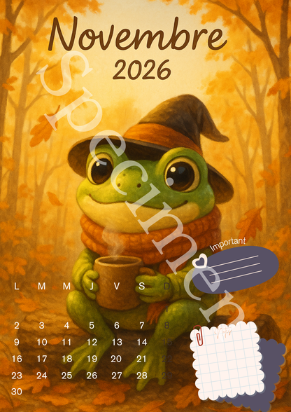 🗓️ Calendrier 2026 Grenouille – Illustrations Mignonnes et Colorées 🐸