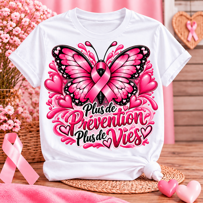 T-shirt Octobre Rose – Plus de prévention, plus de vies – Blanc